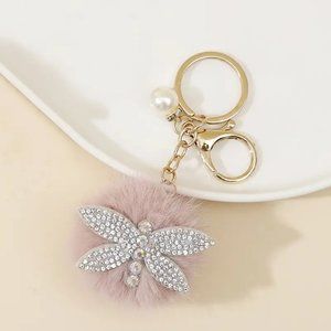Rhinestone Dragonfly Pom Pom Keychain Bag Charm